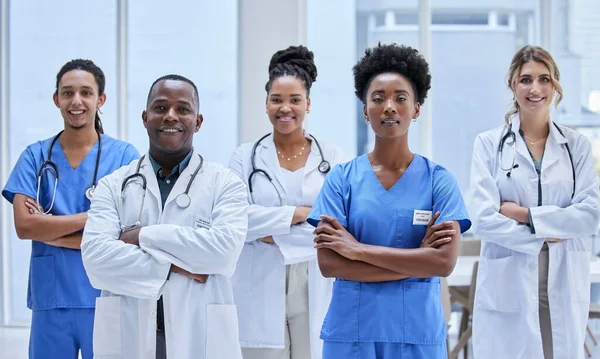 Proud, diversity and doctors portrait in healthcare mission, hospital values and teamwork or leadership. Group of medical staff, nurses or professional employees face of USA clinic in workforce goals.