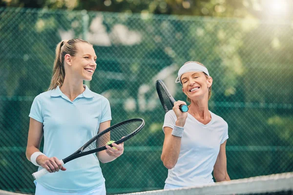 Tennis, women friends and sports on outdoor court for fitness, exercise and training. Healthy people or team talking at club about game, workout and performance for health and wellness with cardio.