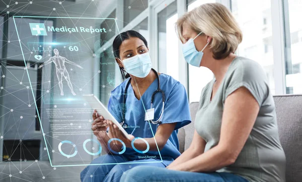 Doctor, patient and tablet with future technology and health, digital medical report and women in face mask with Covid. Anatomy, hologram and 3D with healthcare, consultation and overlay in hospital.