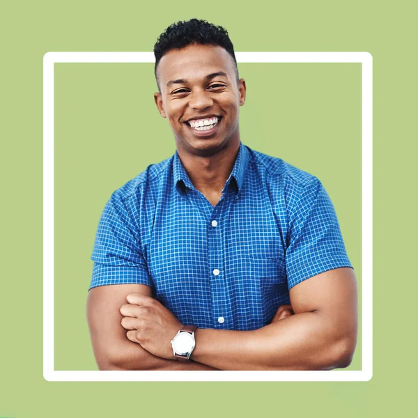 Frame, portrait and border of black man smile, happy and excited with crossed arms isolated in studio bright green background. Handsome, person and creative worker with a positive mindset.