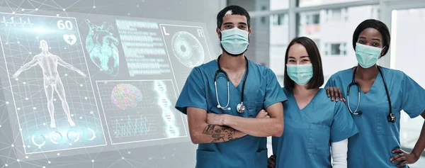 Anatomy, digital research and doctors for future technology, hologram or xray overlay in medical face mask. Hospital portrait, proud and diversity teamwork of healthcare people in futuristic surgery.