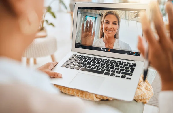 Laptop, video call and mental health with wave hello in virtual counseling consultation, doctor and patient in communication Psychologist, depression and women, trauma and anxiety, support and trust.
