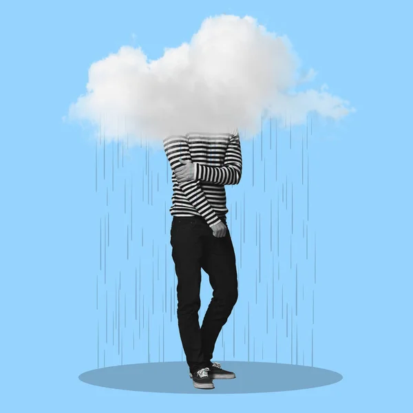 Man, cloud and rain for depression art, mental health or sad by blue background with shadow on silhouette. Young gen z guy, punk aesthetic and depressed with clouds overlay, frustrated and anxiety.
