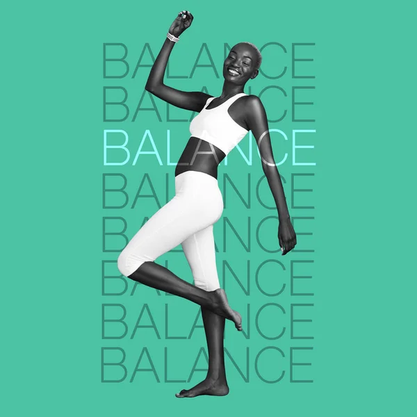 Black woman, balance and fitness with motivation words, overlay and yoga, body care on inspirational poster on green background. Energy, exercise and pilates, happiness and workout with text.