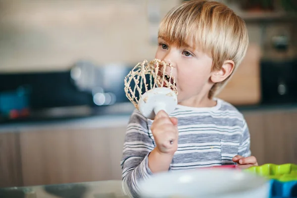 First rule of baking taste, taste, taste. an adorable little boy licking the batter from a whisk while baking at home