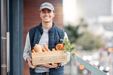 Happy grocery delivery, courier and man with retail sales product, food shopping or door shipping container. Logistics supply chain, health nutritionist portrait and distribution person with package. clipart