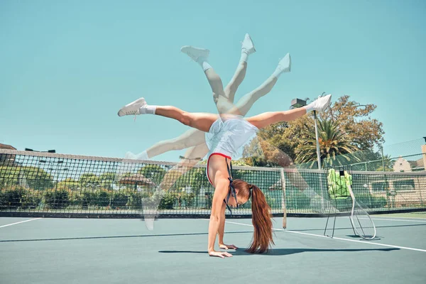 Woman Tennis Handstand Balance Sport Summer Sunshine Motion Blur Sequence — Stockfoto