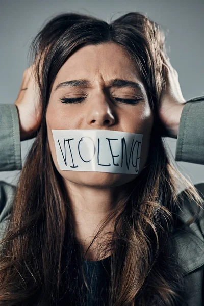 Woman Protest Tape Mouth Fear Cold War Armageddon Doomsday Gray — Stockfoto
