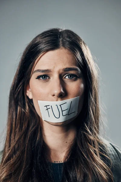 Woman Face Tape Mouth Fuel Prices Ecumenic Struggle Financial Crisis — Stockfoto