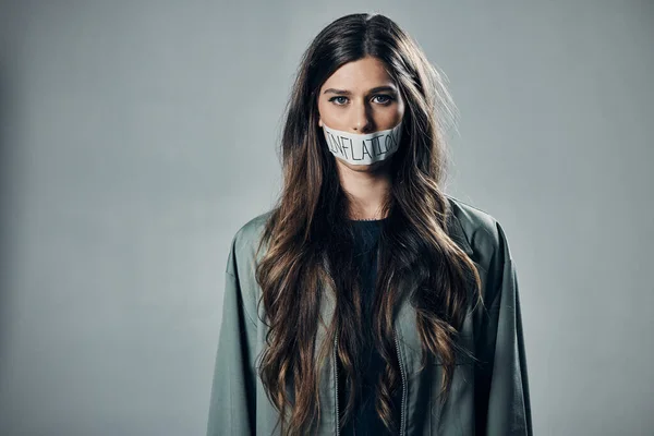 Woman Protest Tape Mouth Inflation Economic Change Financial Crisis Gray — Stockfoto