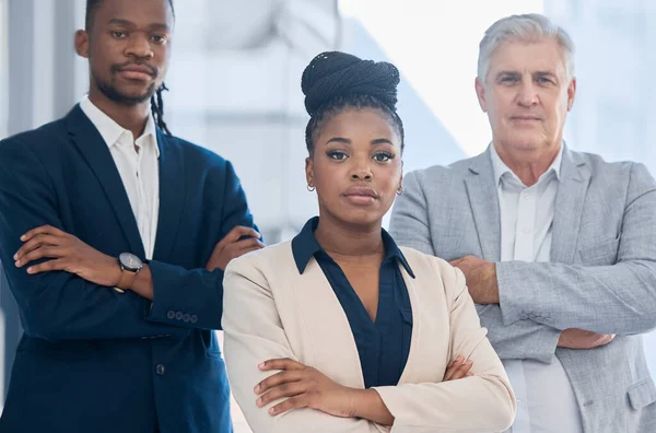 Portrait, arms crossed and black woman leadership with business people in office for company goals. Teamwork, diversity and group of employees with confident female ceo, vision and success mindset