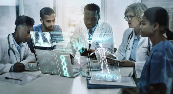 Laptop, team work or doctors in meeting with 3d holographic overlay for anatomy research in hospital. Data analysis, ai or medical healthcare workers working together to help science development.