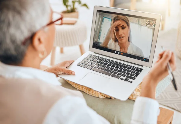 Laptop, video call and mental health with virtual therapy consultation, doctor and patient with communication. Psychologist, depression and women talk about trauma and anxiety, support and trust.