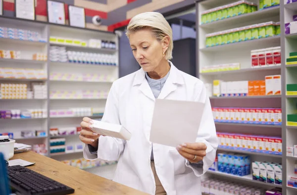 Pharmacy, medicine and woman reading prescription paper in store with mockup healthcare shelf. Pharmacist or doctor check info on Pharma product box for medical prescription, health and wellness.