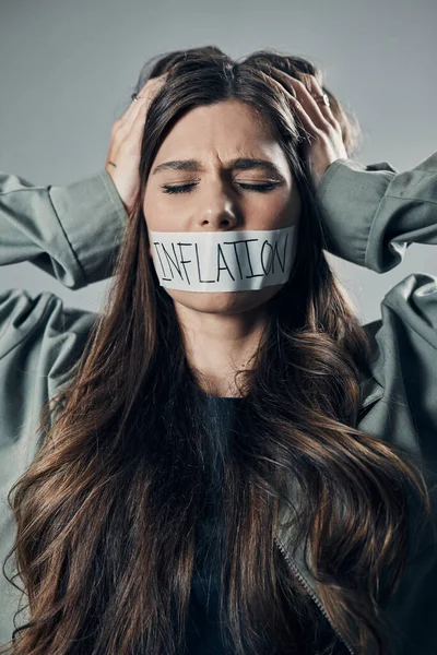 Woman Tape Mouth Quiet Protest Social Activism Global Economy Crisis — Stockfoto