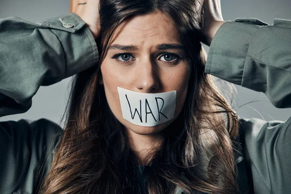 Woman Face Protest Tape Mouth Fear Cold War Armageddon Doomsday — Stockfoto