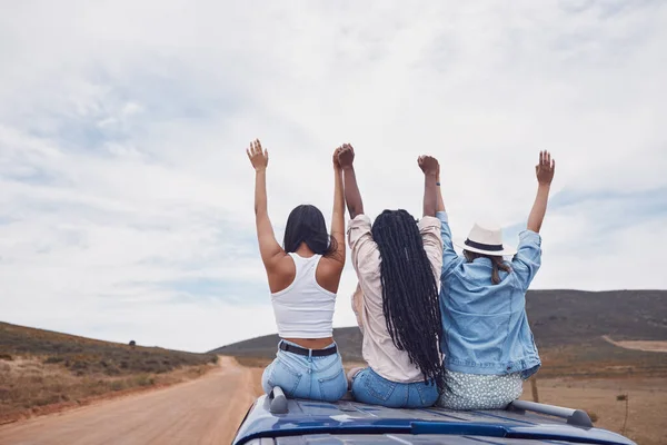 Happy, freedom and travel with friends on road trip for adventure, journey and bonding with mockup. Summer, success and vacation with group of women on car for life celebration, nature and excited.