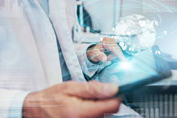 World graphic, doctor hands and global healthcare hologram on phone for telehealth. Globe overlay, futuristic hospital data and cyber medical analytics of a wellness and health employee with research.