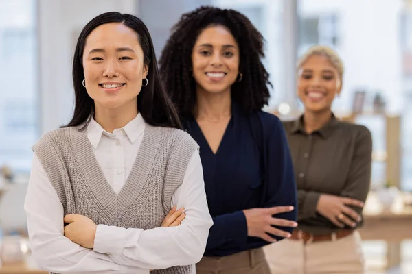 Diversity, business and women only portrait in office leadership, teamwork and solidarity in workplace. Proud black woman, asian and group of employees with vision for company values and career goals.