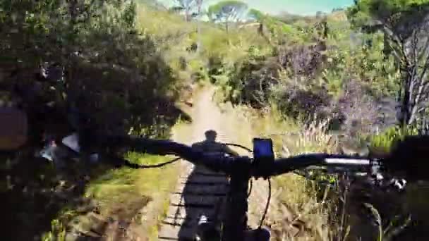 Bisiklet Spor Motosikletle Dağda Adrenalin Bağımlısı Macera Zindelik Doğa Ağaçlar — Stok video