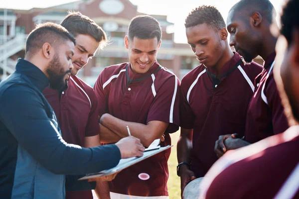 Rugby Team People Coaching Field Strategy Checklist Training Progress Teamwork — Stockfoto