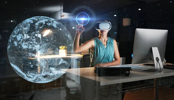 Global network, planet overlay or woman in virtual reality or vr in 3d ux experience in a dark office. Future, metaverse technology or employee networking with a futuristic digital online innovation.