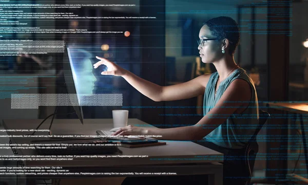 Ai, computer and night with black woman in office for facial recognition, augmented reality and matrix overlay. Digital transformation, cybersecurity and futuristic with employee for data or software.