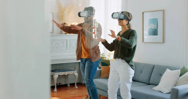 Vr gaming, young couple and virtual headset for metaverse experience at home playing game or interactive movie. Futuristic technology, 3d and virtual reality man and woman online for cyber fantasy.