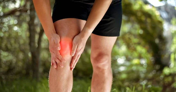 Knee pain, legs and park runner man, athlete and training, workout and exercise on outdoor nature trail. Closeup fitness body, inflammation problem and muscle injury, health risk and running sports.