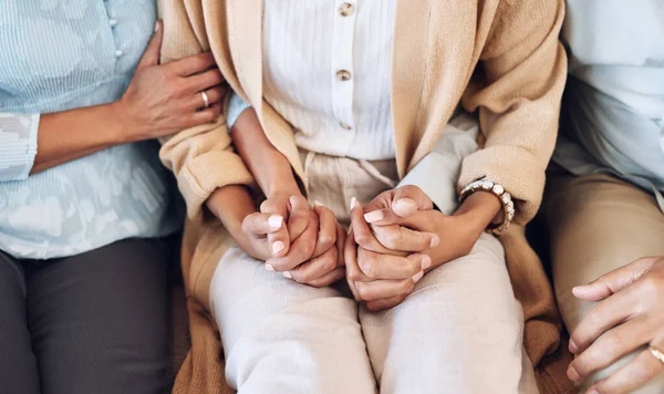Holding hands, support and empathy with trust, help and comfort with solidarity care and people with grief. Parents helping adult child, connection and love with relationship, commitment and zoom.