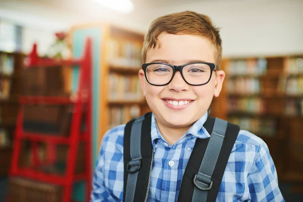 Books Passion Portrait Cheerful Young Boy Wearing Schoolbag While Standing — Stock Photo, Image
