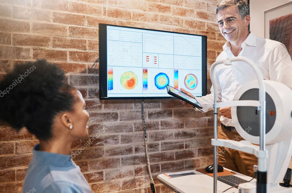 Eye exam, digital screen and optometrist with black woman for eyesight