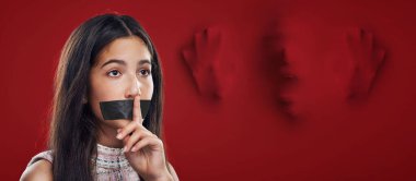 Woman silence, face tape and victim of domestic violence, sexual assault trauma or abuse crime from human trafficking. Red secret mockup, censored speech and young girl scared, fear or quiet gesture. clipart