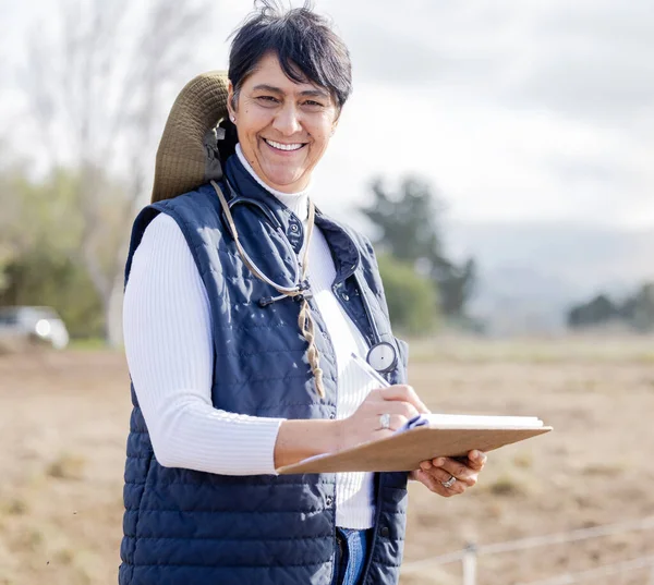 Farm veterinary, clipboard and woman in portrait for healthcare inspection, agriculture checklist and agro research. Vet doctor, medical check and mature farmer person writing notes with happy face.