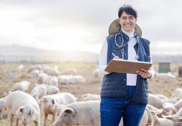 Portrait, pig or veterinarian writing on farm with animals, livestock wellness or agriculture checklist. Smile, face or senior happy woman working to protect pigs healthcare for barn sustainability.