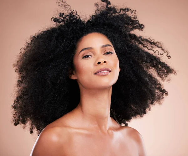 Hair care, beauty and portrait of black woman face in studio for shampoo growth and shine. Aesthetic model with natural curly afro for cosmetic, facial skincare and makeup glow on gradient background.