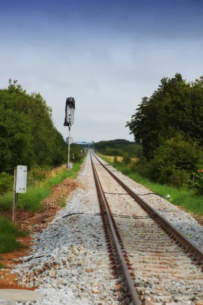 Длинные Пустые Железнодорожные Пути Проходящие Через Лес Старые Железнодорожные Рельсы — стоковое фото