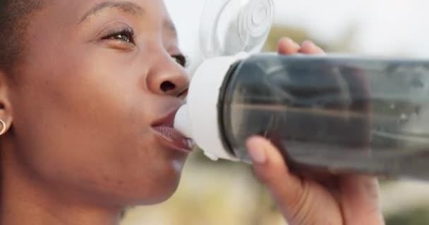 アフリカの女性は 健康と飲料水の後に幸せ 新鮮で無料フィットネスウォーク運動の外の後 黒の女性は喉の渇きを感じ 健康のための笑顔で夏に水分補給 — ストック動画