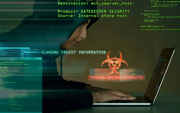 Hacka Säkerhet Och Kvinnlig Hacker Med Bärbar Dator Kodning Webbplatsen — Stockfoto