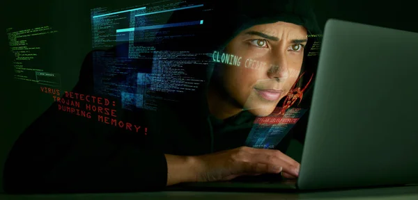 Indian woman, hacker and code overlay of banking and credit card fraud with coding graphic. Programmer, criminal and finance software hack with a hacking expert writing algorithm for cybercrime virus.