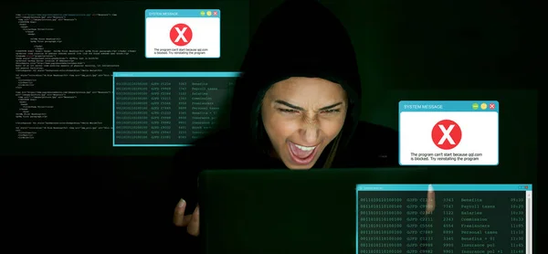 Angry, hacking and hacker man for cyber security, coding software, block server and error code for data protection. Frustrated programmer, cyberpunk thief or tech person fail crime in digital overlay.