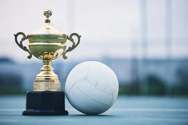 Gold, winner and sports with trophy and netball for achievement, award and championship. Celebration, fitness and victory with prize and ball on ground of court for event, competition and success.