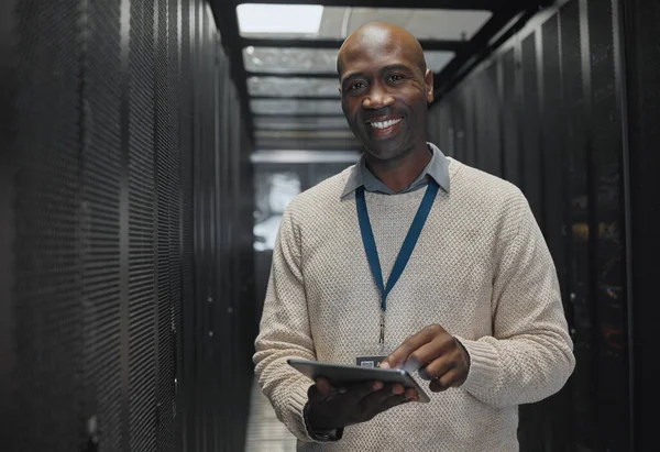 Server room, tablet or black man portrait or technician for data center, system and cybersecurity code. Happy male programmer or programming person in information technology or digital transformation.