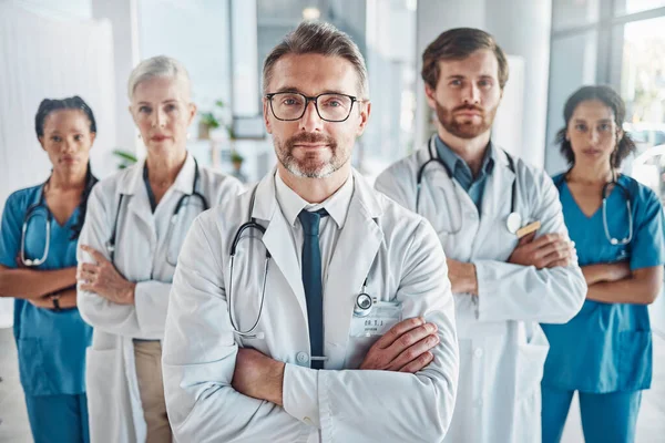 Healthcare, leadership and team portrait of doctor and nurses in hospital with support and serious teamwork. Health, help and medicine confident doctors and professional medical employees together.