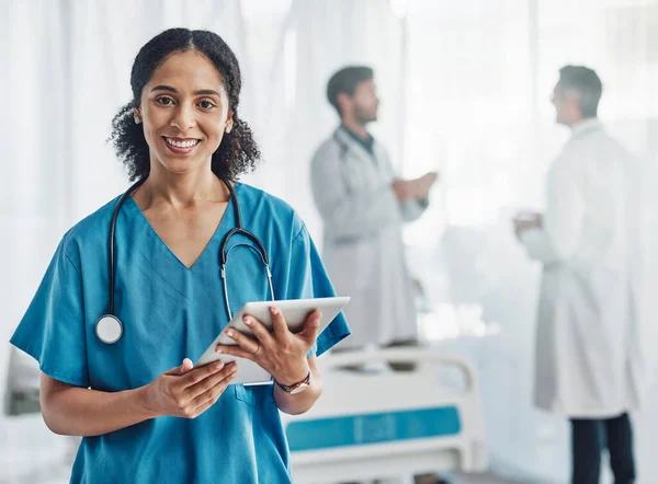 Healthcare, tablet and portrait of black woman nurse or doctor in hospital for support, success and help. Health, wellness and medicine, confident medical worker with smile, stethoscope and doctors