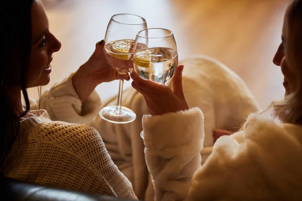 Women, wine glass and cheers to celebrate together while happy in home to relax, smile and cheers. People or friends toast with alcohol drink in hands for lgbtq, love and care celebration on a couch.