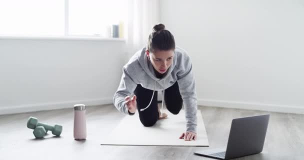Fit Active Woman Watching Online Workout Laptop Home Healthy Female — Videoclip de stoc