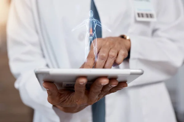 Médico Mãos Tablet Com Holograma Corpo Pesquisa Saúde Anatomia Cirurgia — Fotografia de Stock