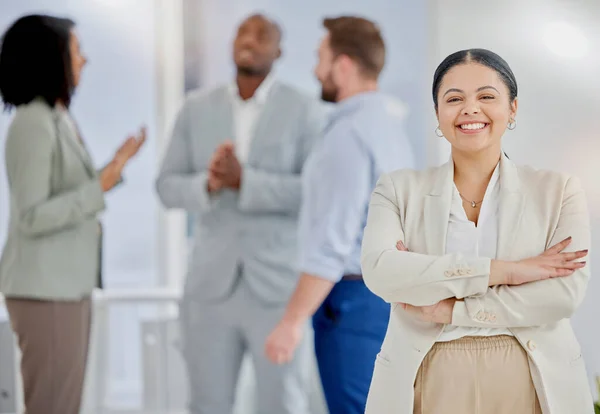 Woman, business and leadership in meeting with smile in portrait, team leader and success with professional mindset. Corporate female, happy at job and arms crossed, manager in Los Angeles office.