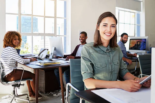 stock image Diversity, smile and portrait of woman in creative agency with staff, tablet and success at design startup. Happy designer in office, manager or team leader working digital content marketing project.